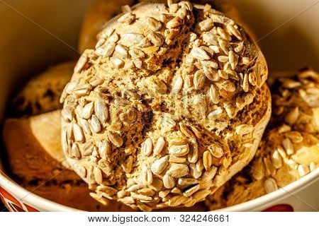 Close Up Of Tasty Sunflower Bread Rolls From Denmark