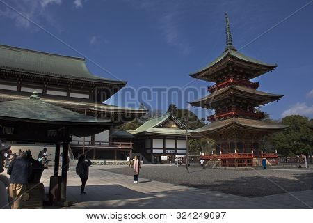 Japanese People And Foreigner Traveler Walking Visit And Praying In Daitou Or Great Pagoda Of Narita
