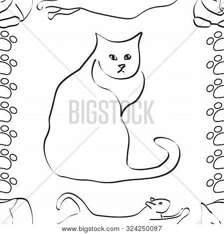 Vector Black And White Cats On White Background Seamless Repeat Pattern