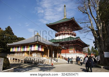 Japanese People And Foreigner Traveler Walking Visit And Praying In Daitou Or Great Pagoda Of Narita