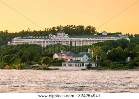 Mackinac Island Mi /usa - July 9th 2016: The Grand Hotel On Prominent Display At Sunset On Mackinac 
