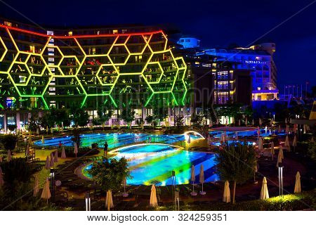 Sorgun,turkey - September 14, 2019: Night View Of Bosphorus Sorgun Hotal In Sorgun, Turkey. Night Il