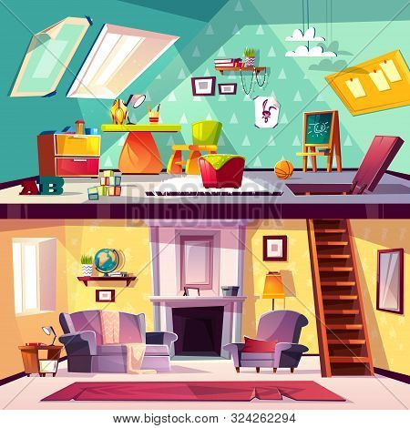 Cross Section Background, Cartoon Interior Of Child Playroom On Attic, Living Room With Fireplace. K
