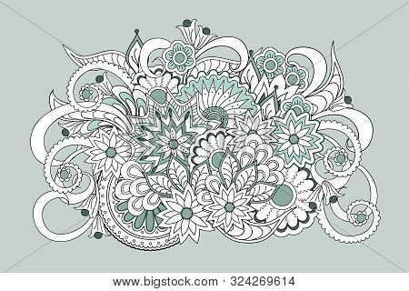 Hand Drawn Zen Tangled Floral Composition  For Decorate Cards, Dishes,  Porcelain, Stationery, Cases