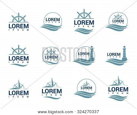 Set Of Sea Logo With Anchor, Beacon And Compass. Vector Illustration