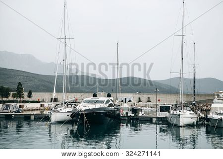 Montenegro, Lustica Bay, June 05, 2019: Beautiful View Of The Yachts In The Port Lustica Bay In Mont