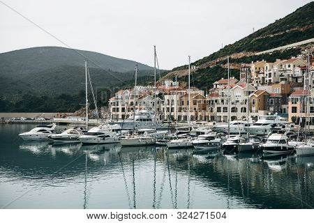 Montenegro, Lustica Bay, June 05, 2019: Beautiful View Of The Yachts In The Port Lustica Bay In Mont
