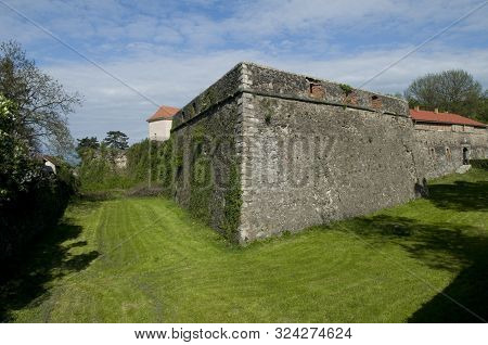 Uzhgorod Fortress Bastions Against Blue Sky Background. Old Moat Overgrown With Grass In The Foregro