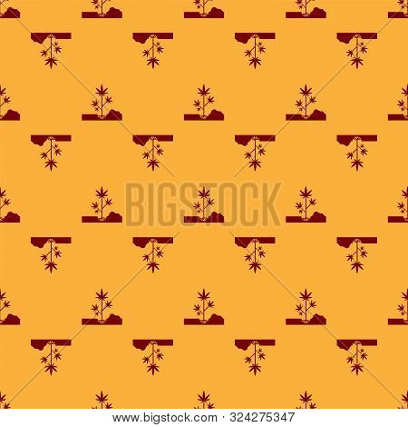 Red Planting Marijuana Or Cannabis Plant In The Ground Icon Isolated Seamless Pattern On Brown Backg
