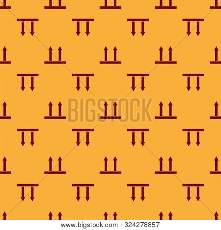 Red This Side Up Icon Isolated Seamless Pattern On Brown Background. Two Arrows Indicating Top Side 