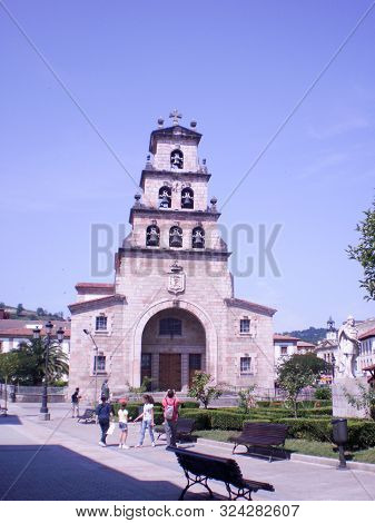 Church Of Our Lady Of The Assumption And Monument To Don Pelayo In Cangas De Onis July 5, 2010. Astu