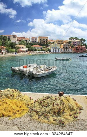 Small Village Of Assos Located Not Isthmus Assos Peninsula. Kefalonia. Greece
