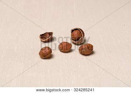 Crushed Nuts Kernel And Shellnuts Mess Up On A Light Cloth Tablecloth. Background With Copy Space