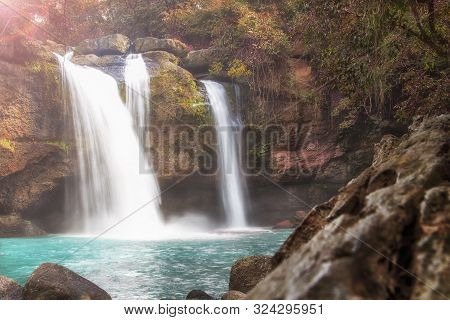 Heo Suwat Waterfall Is A Beautiful Waterfall Located In Nakhon Ratchasima Province, Thailand. Beauti