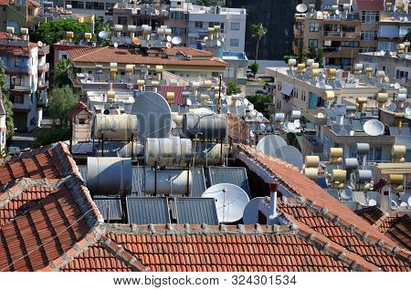 Solar Water Heater Boiler Close Up Shot On Residentual House Rooftop