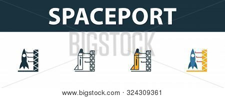 Spaceport Icon Set. Four Simple Symbols In Diferent Styles From Space Icons Collection. Creative Spa