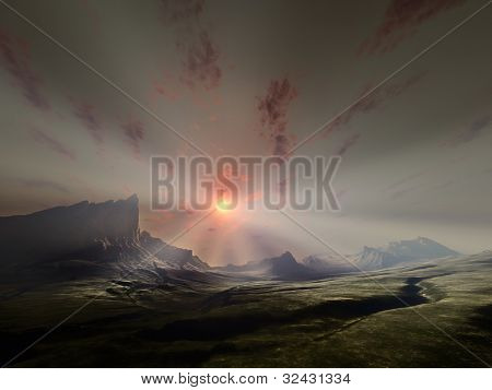 An image of a nice fantasy landscape sunset