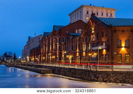 Helsinki, Finland- 28 February 2015: View Of Old Red Brick Buildings On The Waterfront. Granite Isla