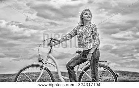 Active Leisure And Healthy Activity. Girl Ride Cruiser Model Bicycle. Healthiest Most Environmentall