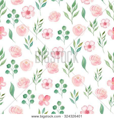 Summer Bloomy Flowers And Leaves Seamless Watercolor Raster Pattern