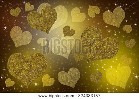 Magic Pattern With Golden Hearts On A Dark Background.