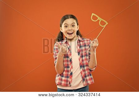 Perfect Props For Celebrating. Happy Little Child Showing Thumbs Up Hand To Glasses Props. Funny Sma