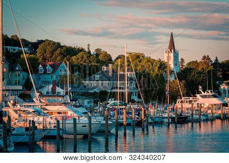 Mackinac Island Mi /usa - July 9th 2016: The Marina At Mackinac Island At Sunset