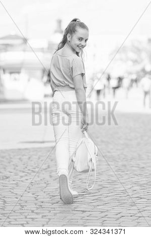 Charming Stylish Fashionable Girl. Little Child Enjoy Walk. Happy Day. Enjoy Being Teen. Weekend Wal