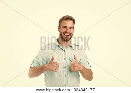Highly Recommend. Guy Shows Thumbs Up Gesture. Man Confidently Highly Recommend White Background. Gu