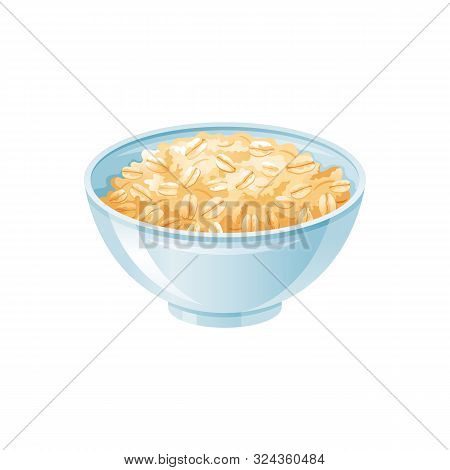 Oats Bowl. Oatmeal Breakfast Cup, Oat Grain Porridge. 3d Realistic Icon. Cartoon Style Muesli, Flake