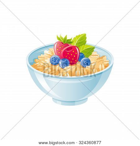 Oats Bowl. Sweet Oatmeal With Berry, Fruit. Healthy Breakfast Cup, Oat Meal Porridge With Strawberry