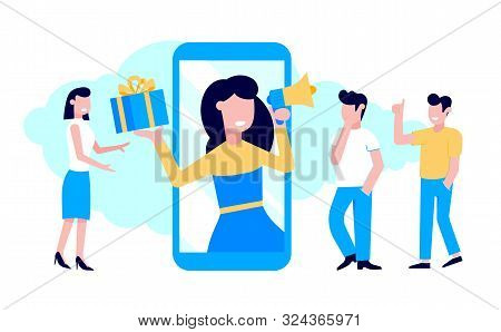 Refer A Friend Flat Style Design Vector Illustration Isolated On White Background. Woman With Megaph