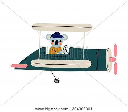 Coala Pilot Flying On Retro Plane In The Sky, Cute Animal Character Piloting Airplane Vector Illustr