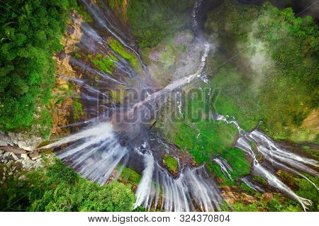 Aerial Top View Of Sewu Waterfall. Nature Landscape Of Jinguashi In Natural Area. It Is Located In I