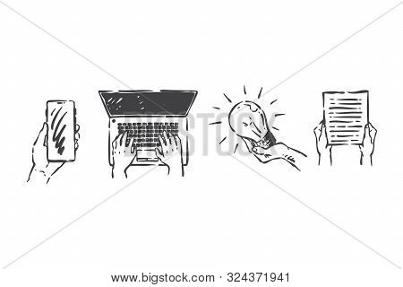 Gadgets In Hands, Access To Information Concept Sketch. Document, Smartphone In Palm, Fingers Typing