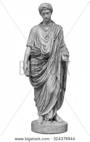 Young roman emperor Commodus statue isolated over white background. Lucius Aurelius Commodus reign is commonly considered to mark the end of the golden period in the history of the Roman Empire