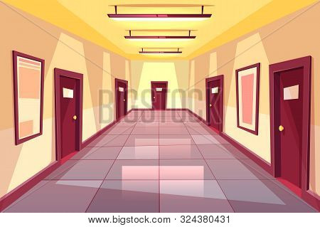 Cartoon Hallway, Corridor With Many Doors - College, University Or Office Building. The Bright Place
