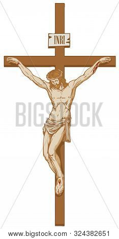 Vector Illustration Of The Religious Symbol Crucifixion. Jesus Christ, The Son Of God In A Crown Of 