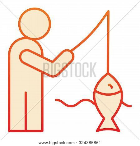 Fisheman And Catch Flat Icon. Fishing On The River Orange Icons In Trendy Flat Style. Man With Fish 