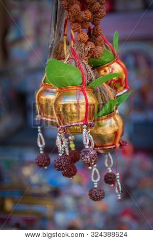 Copper Kalash With Rudraksha Mala, Coconut, Mango Leaf, Red Thread (kalava) Decoration Essential In 