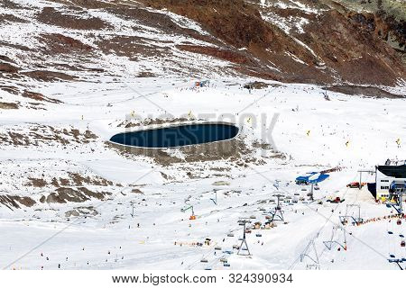 Alps Mountain, Ski Resort Stubaier Gletscher In Austria, Stubai. Top View