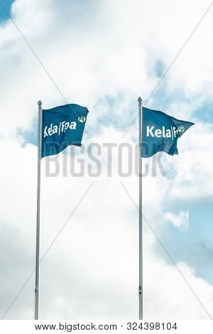 Kouvola, Finland - 22 September 2019: Flags Of Kela. Kela Is Finnish Social Insurance Institution.