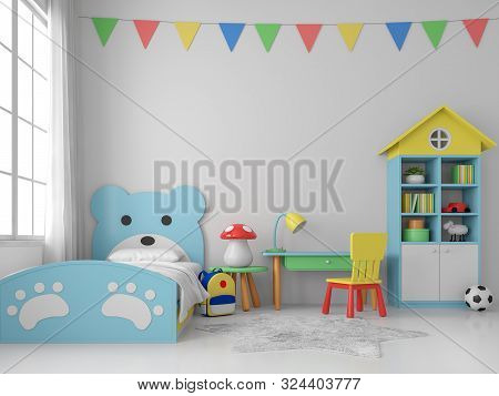 Colorful Kid Bedroom 3d Render, White Walls And Floors, Decorated With Blue Bear Beds And Multi Colo