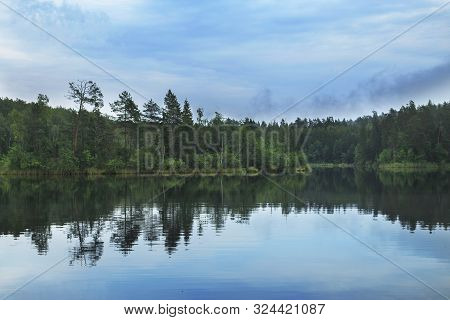 Forest Around The Lake. Reflection Of Trees In Water. Blue Lakes On Naroch