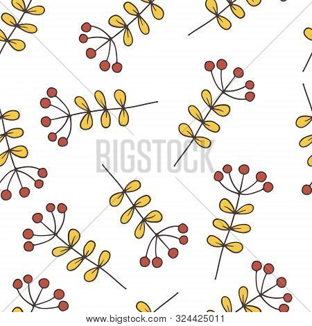 Seamless Background Pattern With Leaf, Plants, Flowers, Berries. Hand Draw Botanic Vector Stock Illu