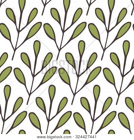 Seamless Background Pattern With Leaf, Plants, Flowers, Berries. Hand Draw Botanic Vector Stock Illu