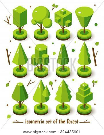 Isometric Vector Bright Tree Set. Landscape Constructor Kit. Different Trees For Make Nature Design.