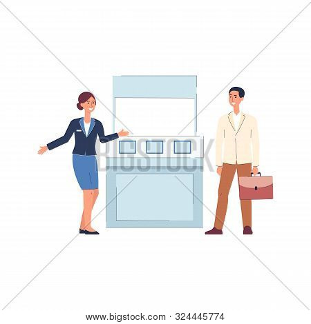 Cartoon People Standing By Expo Stand - Woman In Uniform Greeting Customer