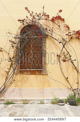 Old Traditional Window With Bougainvillea Flowers At Nafplio Town Argolis Greece