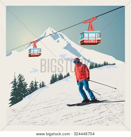 Vector Winter Poster, Background. Advanced Skier Slides Down The Mountain. Red Ski Lift Gondolas Mov